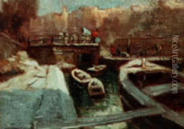 Loading Barges Oil Painting - George Elmer Browne
