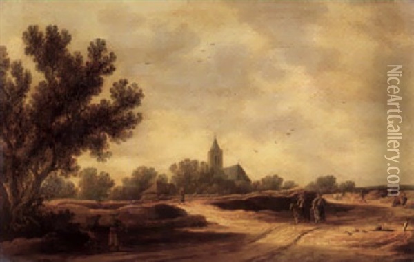 Two Horsemen Riding Along A Country Path Away From A Village Oil Painting - Pieter de Neyn