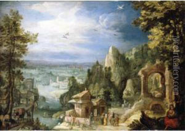 An Extensive Landscape With The Rest On The Flight Onto Egypt Oil Painting - Anton Mirou