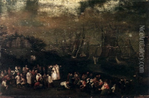 A River Scene With Numerous Figures In The Foreground Oil Painting - Jan Brueghel the Elder