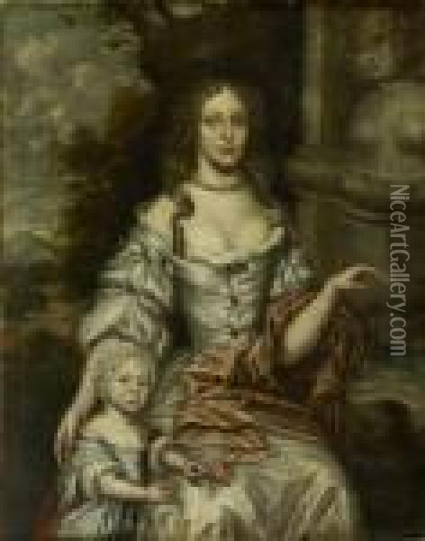 Portrait Of A Noble Lady And Her Son In Parkland Oil Painting - Sir Peter Lely