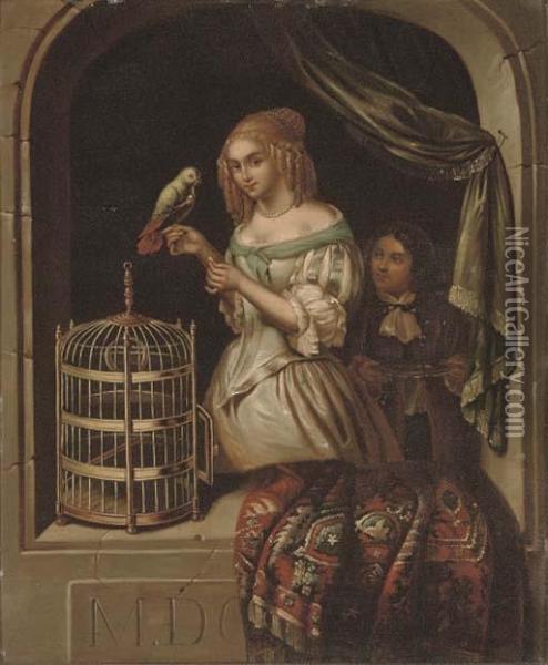 A Lady With A Parrot At A Casement Oil Painting - Caspar Netscher