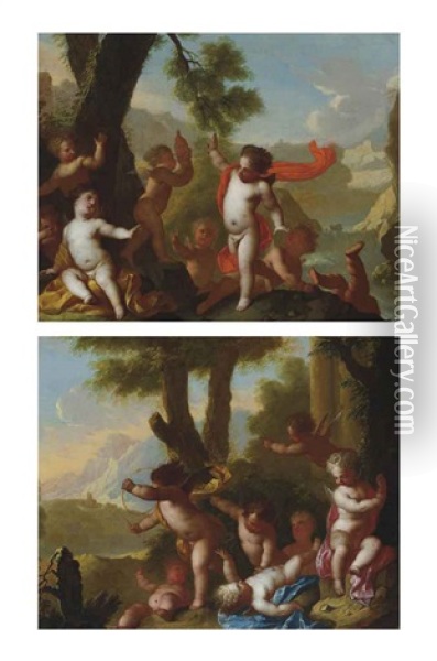 Putti Disporting In A River Landscape (+ Putti Disporting In A Landscape; Pair) Oil Painting - Matthaeus (Arent) Terwesten