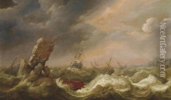 Shipping In Stormy Waters With A Shipwreck Of A Turkish Vessel Oil Painting - Adam Willaerts