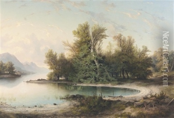 Abendliche Stimmung An Einem Von Bergen Umgebenen See Oil Painting - Franck Jean Henri Marie Prevost-Ritter