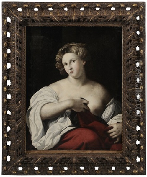 Portrait Of Woman With Red Drape Oil Painting - Jacopo Palma il Vecchio
