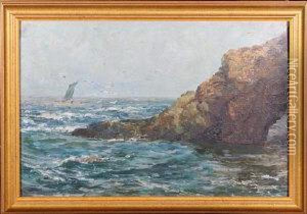 A Sailing Coble Off A Rocky Shore. Oil Painting - John Falconar Slater