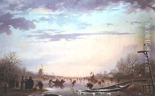 Skating scene on a frozen river Oil Painting - Andries Vermeulen