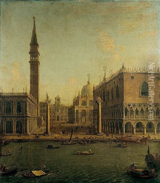 Venice, A View Of The Bacino Di San Marco With The Piazzetta And The Palazzo Ducale Looking North Towards The Torre Dell'orologio Oil Painting - Antonio Joli