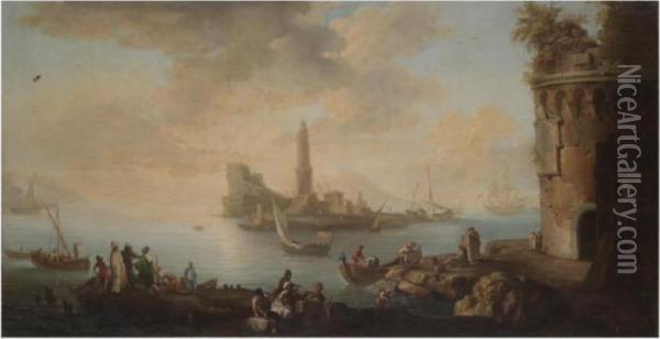 A Mediterranean Harbour Scene 
With Figures Unloading Freight From Boats And Tradesmen In The 
Foreground, A Lighthouse Beyond Oil Painting - Claude-joseph Vernet