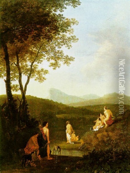 A River Landscape With Diana And Her Nymphes Oil Painting - Dirck Van Der Lisse