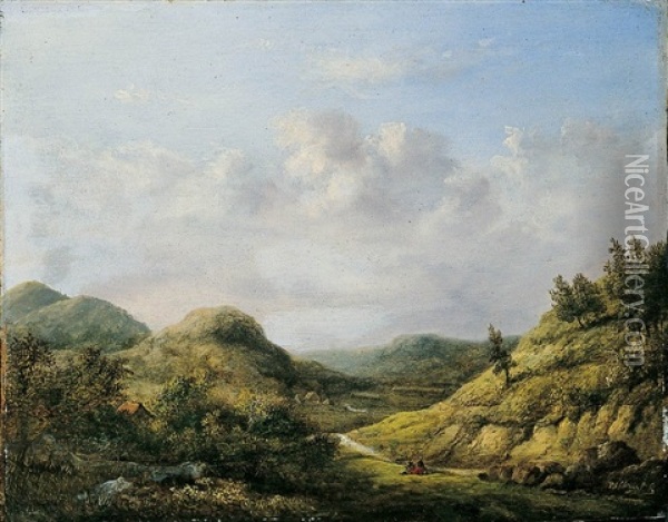 Panoramic Landscape With Two Resting Figures Oil Painting - Pieter Caspar Christ