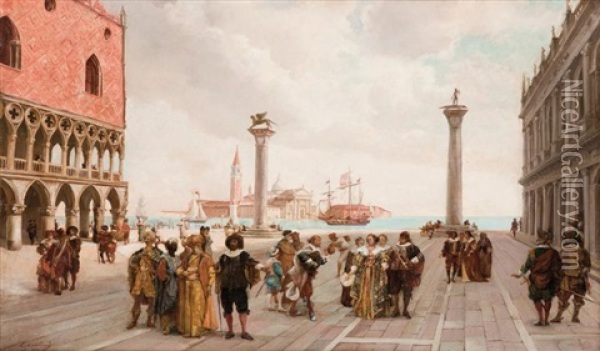 Arrivee De Dignitaires Orientaux A Venise Oil Painting - Lucien Mouillard