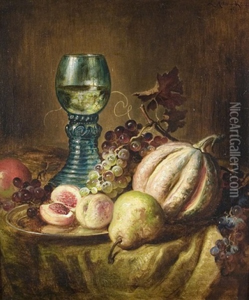 Stilleben Mit Weinglas Und Kurbis Oil Painting - Ludwig Adam Kunz