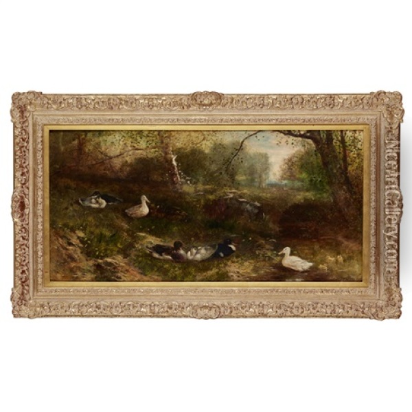 Ducks On A Riverbank Oil Painting - James Crawford Thom