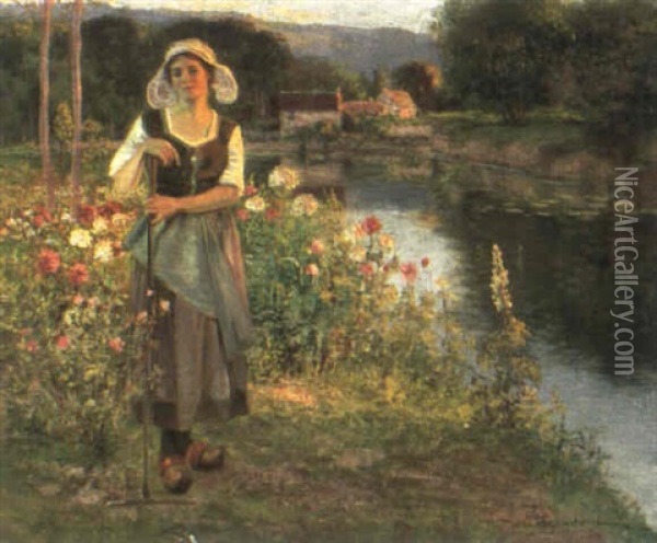 Peasant Girl In A Flower Garden Oil Painting - Jean Beauduin