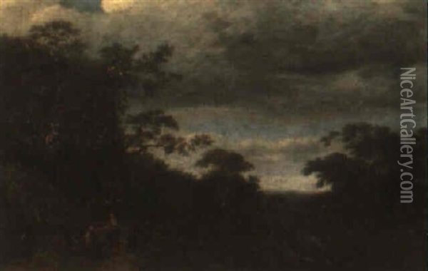 Wooded Landsacpe With A Man Resting With His Dogs Oil Painting - Jacob Van Ruisdael