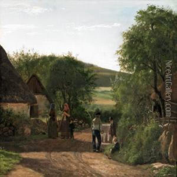 A Village Scenerywith Figures Oil Painting - Johan Didrik Frisch