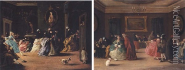 Venetian Interior With Elegant Masked Figures Oil Painting - Giovanni Antonio Guardi