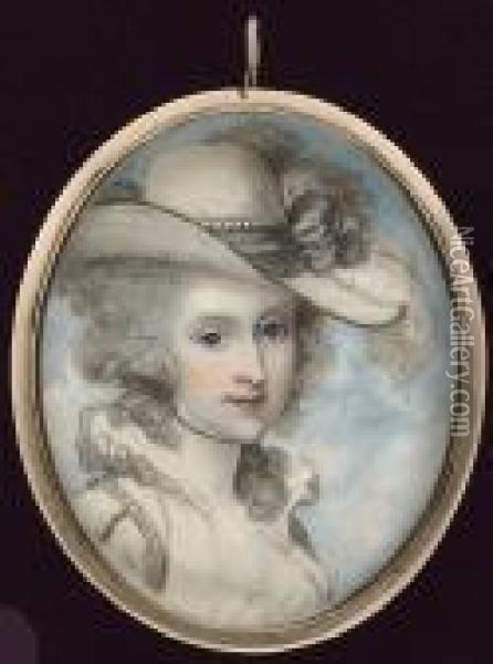 A Lady, Wearing White Dress With
 Ruff Collar, Pearls On Her Sleeve, Cream Hat With Black Trim Adorned 
With Black Ribbon, Pearls And Ostrich Feathers Oil Painting - Richard Cosway