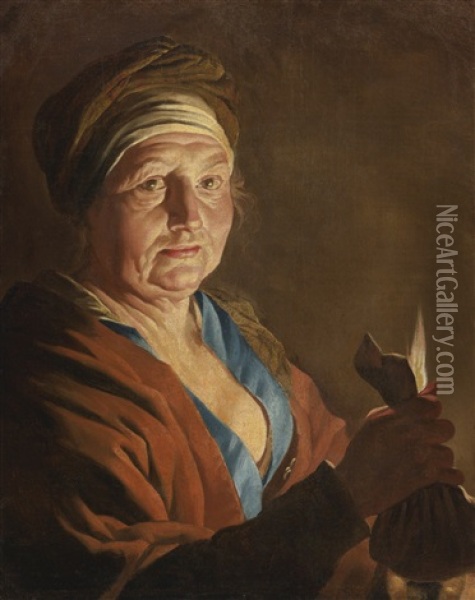 An Old Woman Holding A Purse By Candlelight Oil Painting - Mathaeus Stomer the Elder