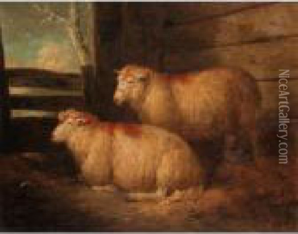 Two Sheep In A Stable Oil Painting - George Morland