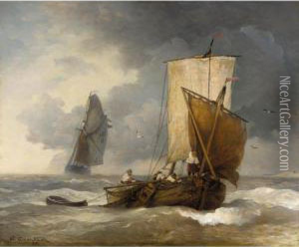 Fischkutter Auf Sturmischer See (fishing Boats In Stormy Seas) Oil Painting - Andreas Achenbach