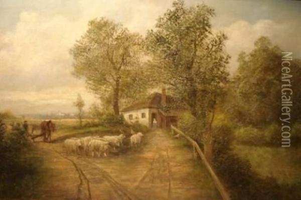 Troupeau De Moutons Devant L'auberge Oil Painting - Theophile Clement Blanchard