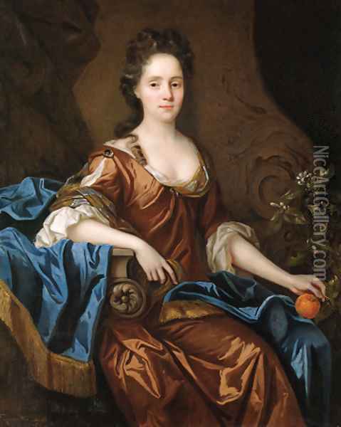 Portrait of Frances Wiat, three-quarter-length, seated, in an ochre dress and blue wrap, holding an orange in her left hand Oil Painting - John Riley