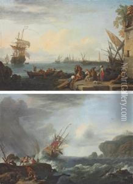 A Mediterranean Harbour With Sailors Loading A Boat Oil Painting - Adriaen Manglard