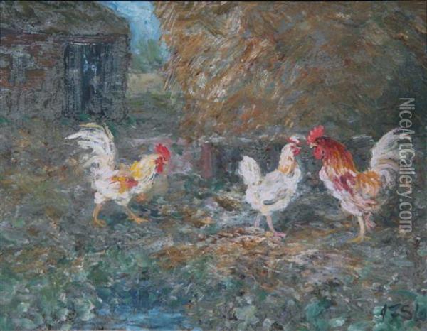 Chickens By A Barn In A Woodland Oil Painting - John Falconar Slater