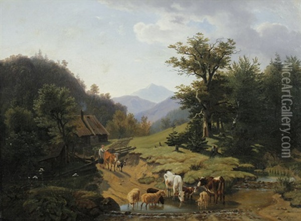 Alpenlandschaft Mit Kuh- Und Schafherde An Einem Teich Oil Painting - Friedrich Karl Joseph Simmler