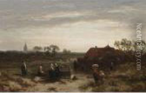 Figures In The Dunes Near Scheveningen Oil Painting - Salomon Leonardus Verveer