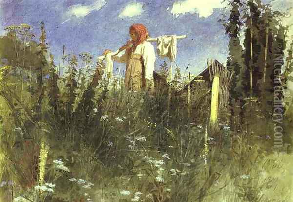 Girl With Washed Linen On The Yoke Oil Painting - Ivan Nikolaevich Kramskoy