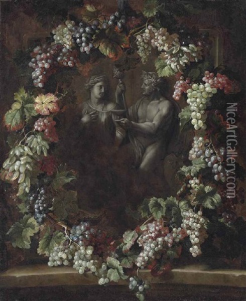 A Wreath Of Grapes Surrounding A Statue Of Bacchus Holding A Thyrsus With Ceres Oil Painting - Alexandre Francois Desportes
