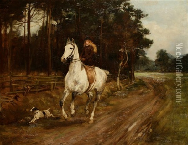 A Study Of A Young Girl Galloping Her Horse As Dogs Chase Alongside Oil Painting - George Denholm Armour