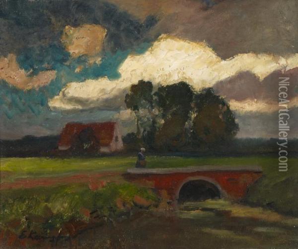 Rural Homestead With A Woman On A Bridge Oil Painting - Eugen Kampf