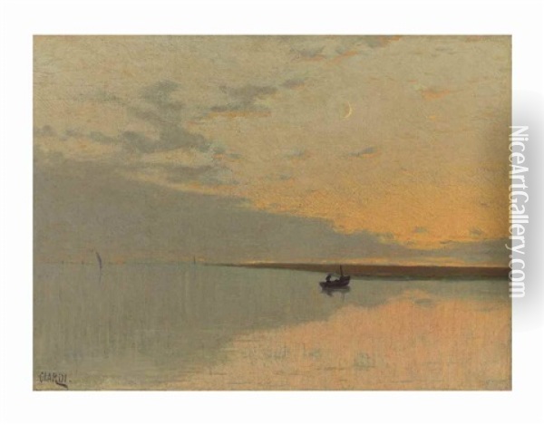 View Of The Venetian Lagoon At Sunset Oil Painting - Guglielmo Ciardi
