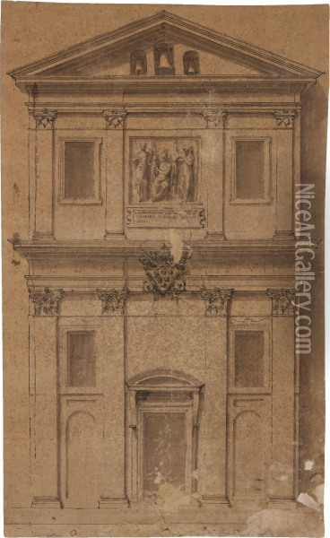 The Facade Of A Small Church With The Madonna And Child Oil Painting - Perino del Vaga (Pietro Bonaccors)
