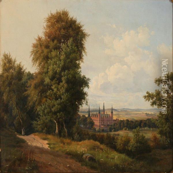 View Towards Frederiksborg Palace, Denmark Oil Painting - O.M. Lofdal