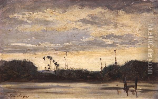 River Sunset Oil Painting - Charles Amelie Daubigny