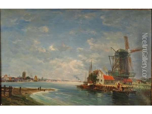 Le Moulin Sur La Meuse En Face De Dordrecht (hollande) Oil Painting - Gaston Marie Anatole Roullet