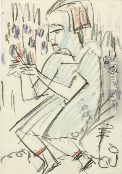 Sitzendes Madchen In Ganzer Figur Nach Links, Von Blumen Umgeben Oil Painting - Ernst Ludwig Kirchner