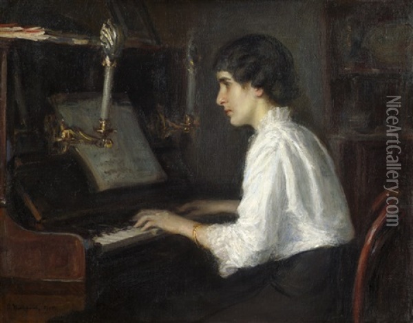 Dame Am Piano Oil Painting - Oskar Michaelis