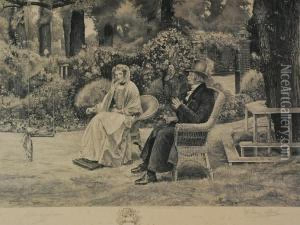 Elderly Couple Seated In A Garden Oil Painting - Walter-Dendy Sadler