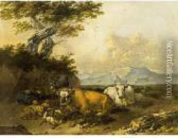 Cows And Sheep In An Italianate Landscape With A Shepherd Resting Oil Painting - Jan Frans Soolmaker