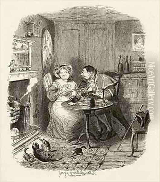 Mr Bumble and Mrs Corney taking tea Oil Painting - George Cruikshank I