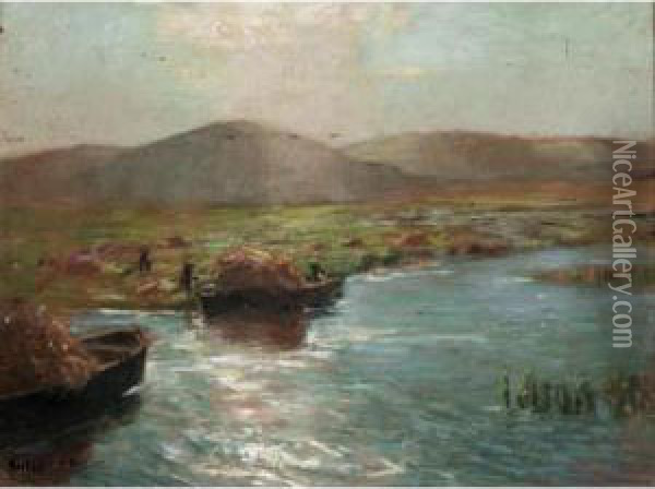 Hay Barges On The River Oil Painting - Julius Olsson