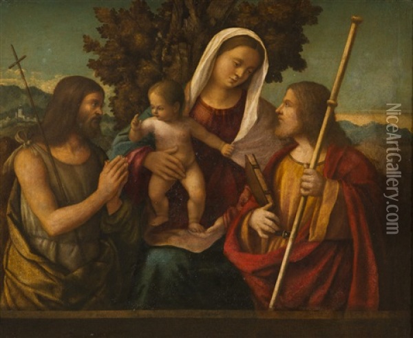 La Vierge A L'enfant Avec Saint Jean Baptiste Et Saint Jacques Oil Painting - Giovanni Bellini
