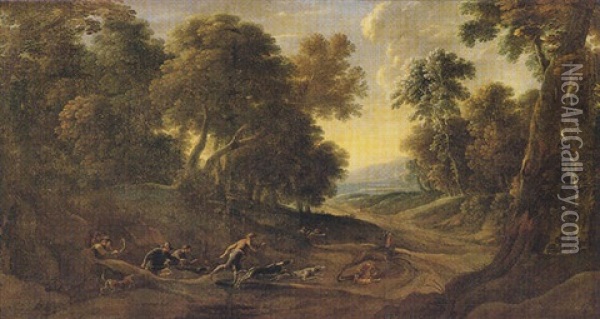 A Wooded Landscape With Figures And Hounds Hunting A Stag Oil Painting - Jacques d' Arthois
